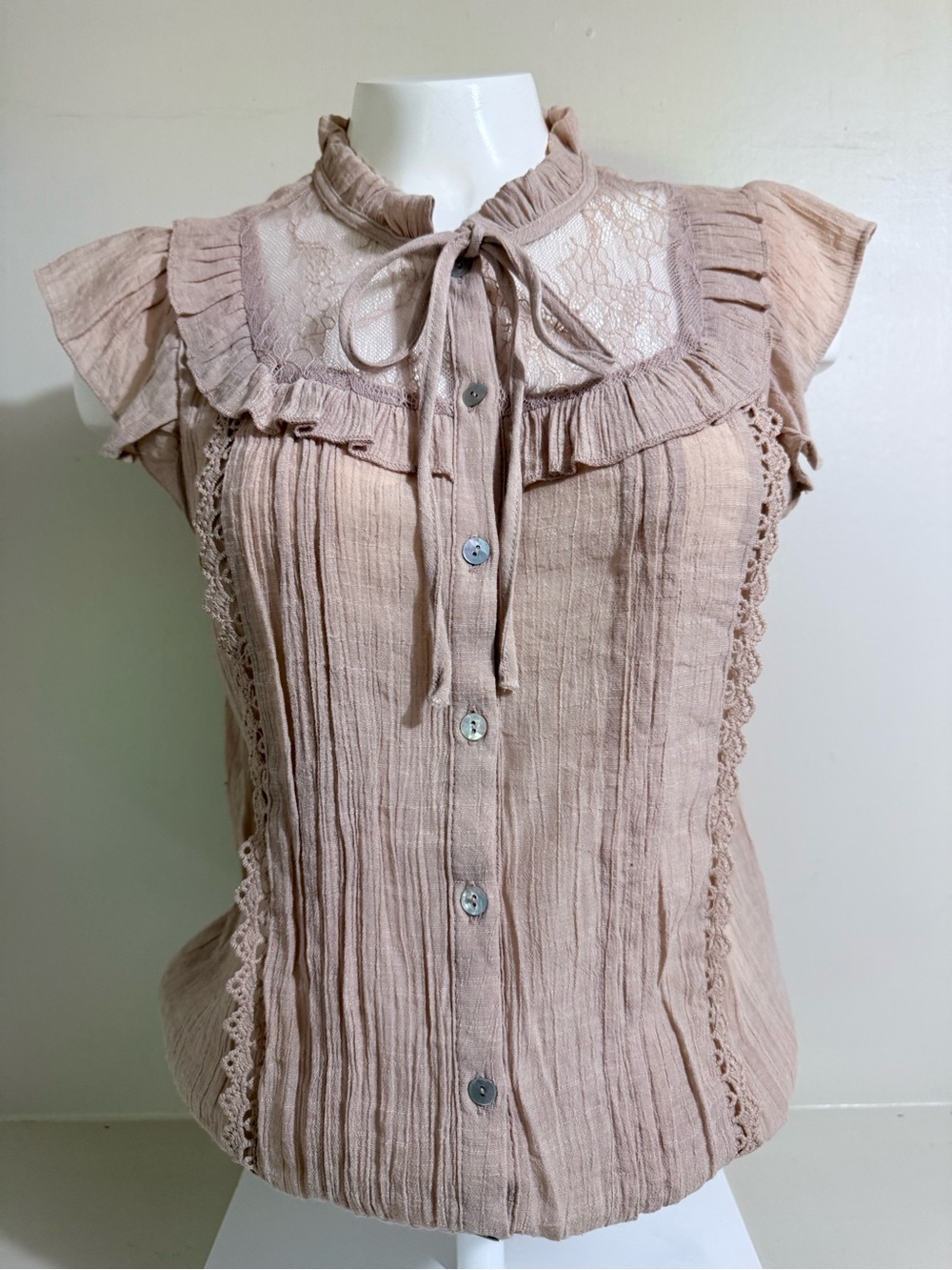 Sleeveless Tie-Neck Lace Yoke Blouse - Dusty Blush